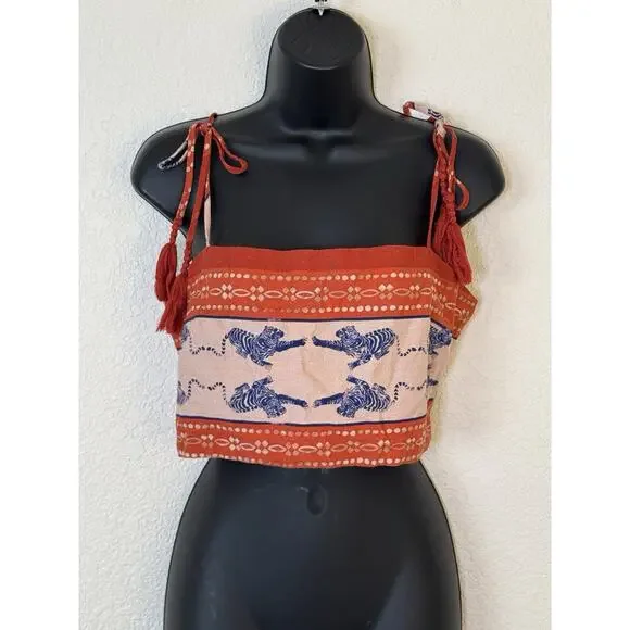 Caroline Constas Linen Blend Orange Blue Crop Top Tiger Print Medium - Picture 2 of 9